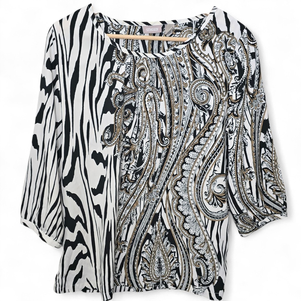 Chicos Top Womens 1 US Medium‎ Black Paisley Print Scoop Neck Blouse 3/4 Sleeve